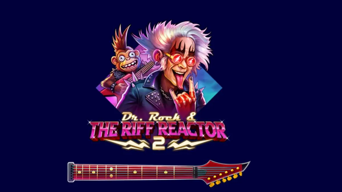 Tampilan visual slot Dr. Rock & the Riff Reactor 2 dengan nuansa neon dan karakter rockstar.