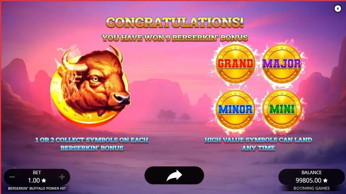 Tampilan layar permainan slot Beserkin’ Buffalo Power Hit pada perangkat seluler