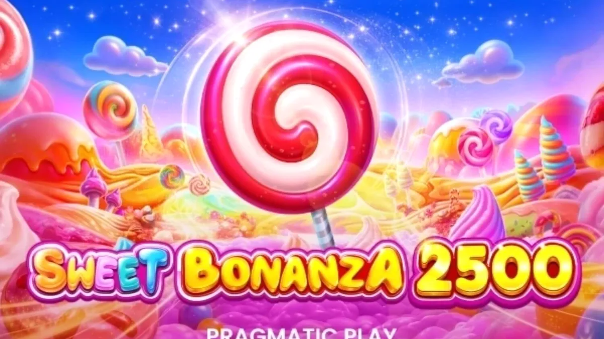 Tampilan visual penuh warna dari slot Sweet Bonanza 2500 dengan simbol permen dan buah.