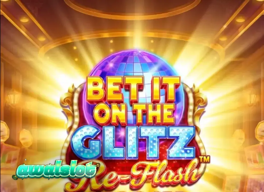 Tampilan visual slot Bet It on the Glitz Re-Flash yang penuh dengan lampu neon dan simbol kasino mewah.