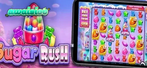 Tampilan visual cerah dari permainan slot Sugar Rush dengan simbol permen berwarna-warni.